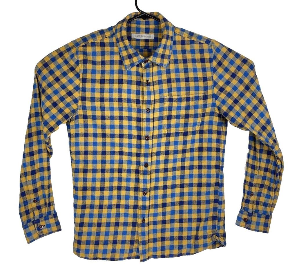 Outerknown Men's Long Sleeve Button-Up Shirt Medium Blue Yellow Plaid Gingham